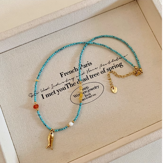 2025 New Arrival! Turquoise Beaded Fish Pendant Necklace for Women – Chic & Luxurious Collarbone Chain