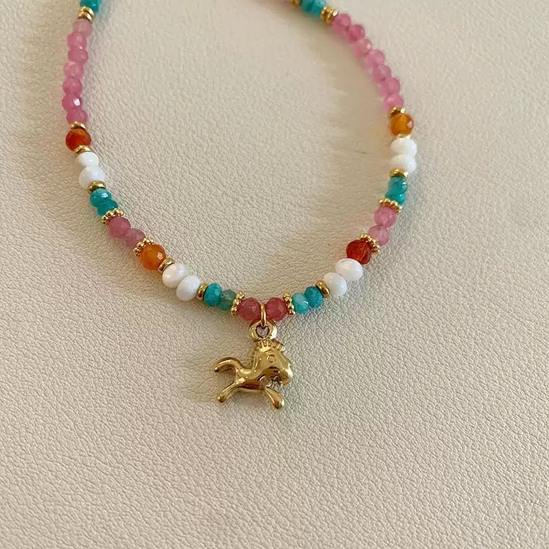 2025 New Arrival! Exquisite Pink Crystal Bead Necklace with Mini Horse Charm for Women - Luxurious & Chic Lockbone Chain