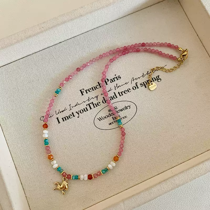 2025 New Arrival! Exquisite Pink Crystal Bead Necklace with Mini Horse Charm for Women - Luxurious & Chic Lockbone Chain