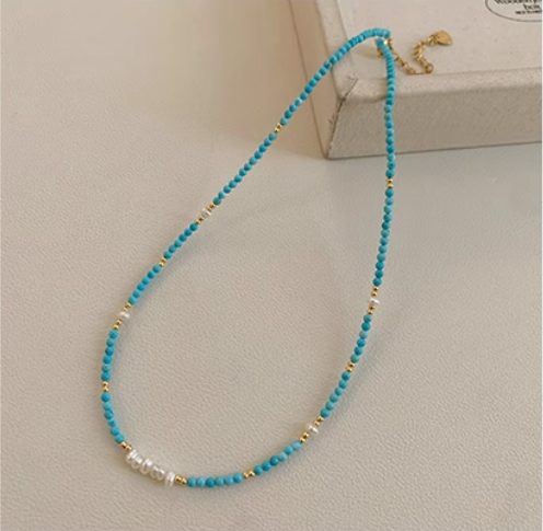 2025 New Arrival! Elegant Freshwater Pearl and Turquoise Beaded Necklace for Women – Fashionable Light Luxury Collar Chain