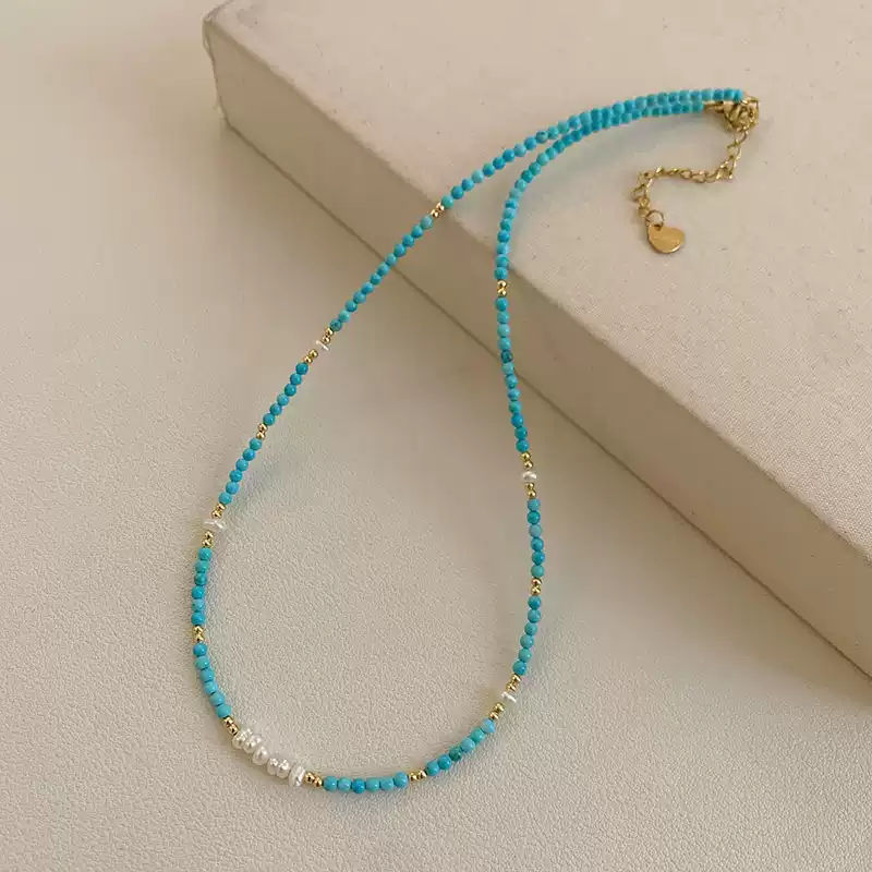 2025 New Arrival! Elegant Freshwater Pearl and Turquoise Beaded Necklace for Women – Fashionable Light Luxury Collar Chain